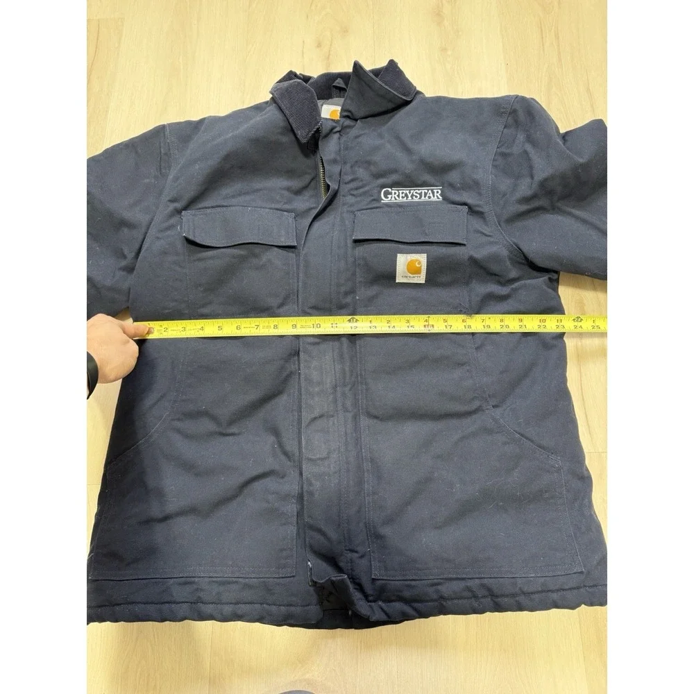 VTG Carhartt C003 Men's Navy Blue Canvas Work Coat w/Company Logo - Size Large - Picture 3 of 8